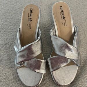 Life Stride Metallic Silver Crisscross Slide Mules